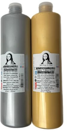 Teinture pour tissu 500 ml doré + 500 ml argenté Teinture textile résistante au lavage. Couleur pour t-shirt pour tissus clairs. Lavable en machine, résistante au lavage. Peinture textile, peinture