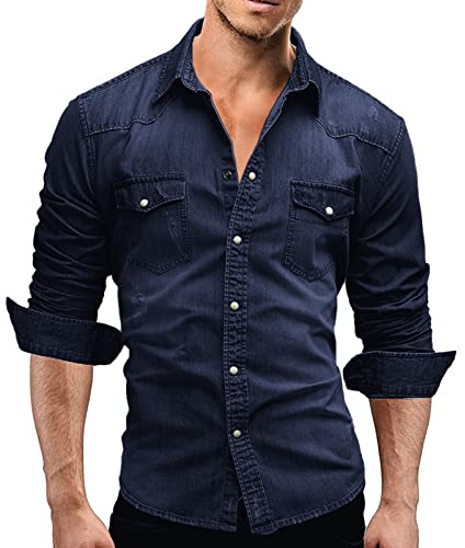 Rodawu Chemise de cowboy en coton extensible pour homme - Chemise décontractée boutonnée - Veste en jean - Coupe ajustée
