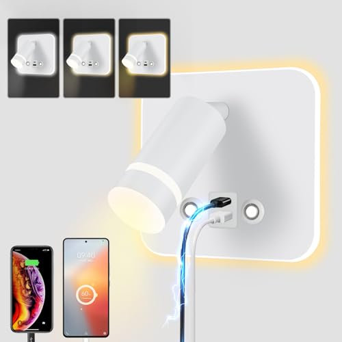 HUIZHOU Lampada da Lettura A Parete LED Touch Control 3 Temperature Di Colore E 12W Porta di Ricarica USB 350 ° Letto Rotante Luce di Lettura Soggiorno e Camera da letto (Quadrato bianco)