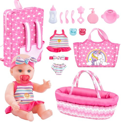deAO Baby Doll Set for Girls, 12” Baby Doll Accessories Playset with Portable Doll Bassinet Bed, Backpack, Feeding Bottle & Doll Clothes, Interactive Doll Playset for Pretend Play