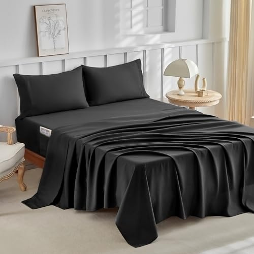 Tokokimo Juego de Sábanas 4 Piezas, Ajustable Sábanas Bajera Cama 150x190/200cm con 2 Bolsillos Laterales, Sábana Plana 230x270cm, Fundas de Almohada 50x80cm, Poliéster Suave y Duradero, Negro