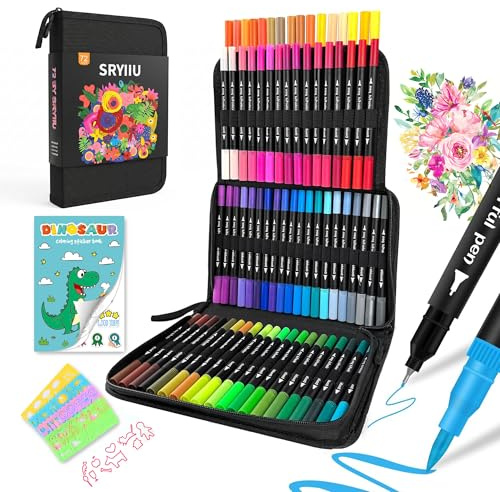 72 Dual Tip Colouring Pens Set – Felt Tip Pens for adults & Fineliner Markers,Brush Pens Set includes Colouring Books,Stickers and Patterned Templates for Painting,Writing,Drawing and Sketching