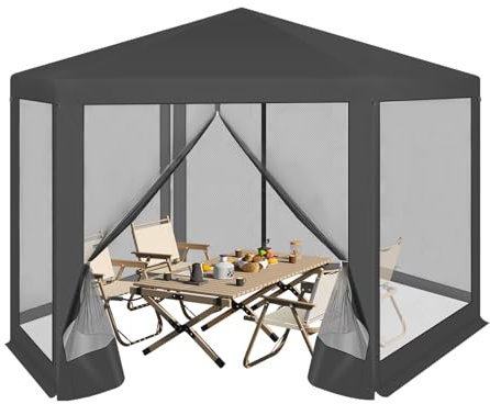 WOLTU Pérgola Jardín Pabellón de Jardín Cenador Plegable con Techo Carpa para Exteriores de Tela Oxford y Paredes de Malla, 3,8x3,3 m, para Camping, Jardín, Playa, Gris