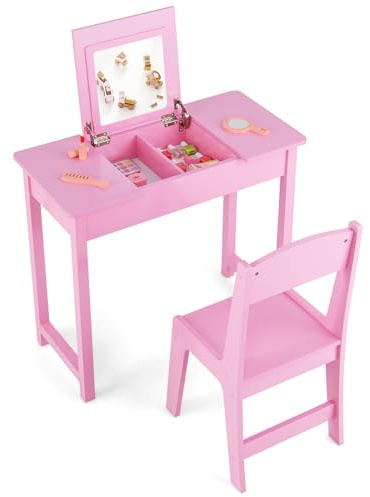 Maxmass 2 in 1 Kids Vanity and Chair Set, Wooden Children Dressing Table with Flip Top Mirror, Hidden Compartment, Anti-toppling Device, Princess Make up Desk Girls Dresser for 3+ Years Old (Pink)