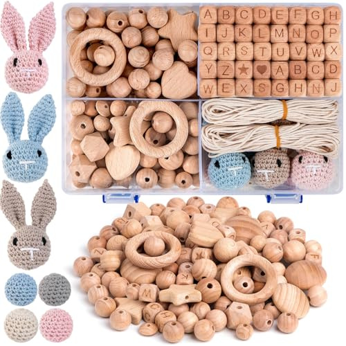 Set di 233 perline in legno di faggio, perline fai da te, lettere all'uncinetto, perline in legno naturale, rotonde con foro per fai da te, accessori macramè