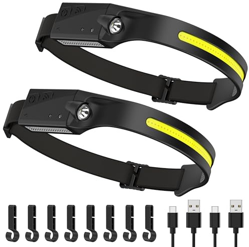 Ambienden Lampe Frontale LED Ultra Puissante, 2 Pcs Lampe Frontale Rechargeable Avec 4 Modes D’Éclairage, 350 Lumens, Mode Capteur, USB-C Pour Course, Réparation Nocturne, Pêche Et Activités Extérieur