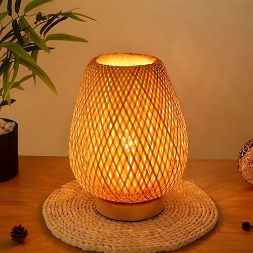 Urban London Bamboo Weaving Table Lamp - Bedside Night Light with Natural Wooden Base & Handwoven Rattan Shade, E27 Socket for Bedroom & Living Room