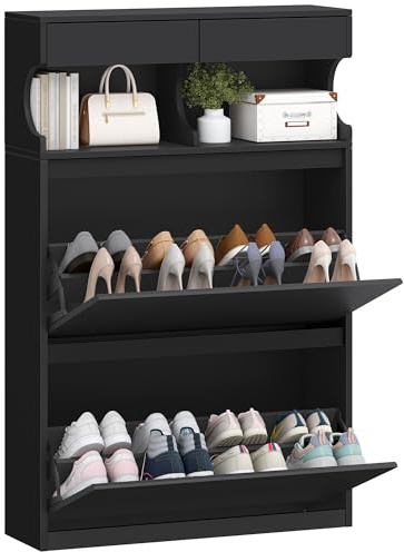 Hzuaneri Schuhschrank, Schuhregal Schuhkipper Schmal, Verstellbar, Schuhkommode für Eingang, Flur, Garderobe, 16 Paar, 2 Klappen (80B cm), Schwarz SR45306X