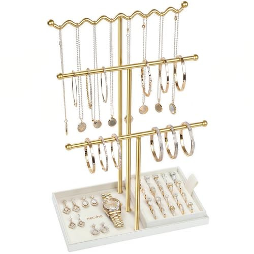 necvha Jewellery Stand Holder Organiser, 3 Tier Bracelet Holder Display with Detachable Velvet Tray, Elegant Jewellery Tower for Display Bracelet, Necklace, Earrings, Rings (Beige)