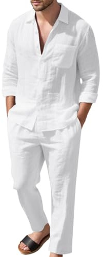 Ensemble 2 pièces Homme Été Lin Chemise à Boutons et Pantalon Décontracté Respirant Tenue de Plage Vacances Ensemble de Loisirs Chic Moderne A217