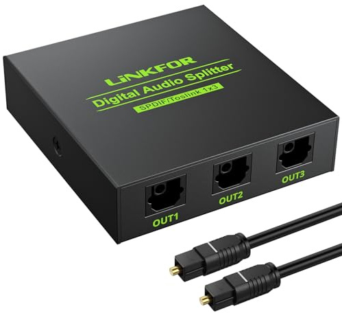 LiNKFOR Digital Optical Audio 1x3 Splitter Digital SPDIF Toslink Optical Fiber Audio Splitter 1 in 3 Out Aluminum Alloy with Optical Cable Support 5.1CH Dolby-AC3 DTS for PS3 Blue-Ray DVD HDTV