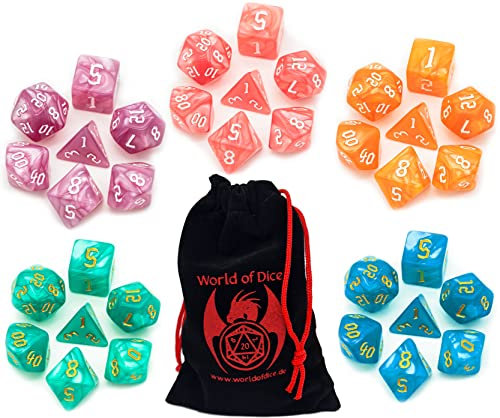 Pen and Paper Würfel Set - 35 polyedrische Würfel inkl. Würfeltasche, ideal für Dungeons and Dragons (D&D), Das Schwarze Auge (DSA), Splittermond und alle weiteren RPG-Systeme (SET4 (Candycream))
