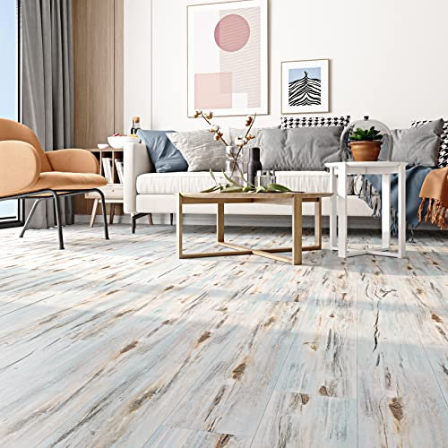 FunStick 90×15CM 15 Dalles PVC Adhesive Sol Effet Bois Bleu Stickers Carrelage Sol Chambre Parquet Stratifié Lino Sols Adhesif Bois Bleu Revetement de Sols Cuisine Étanche Dalle PVC Adhesif Salon
