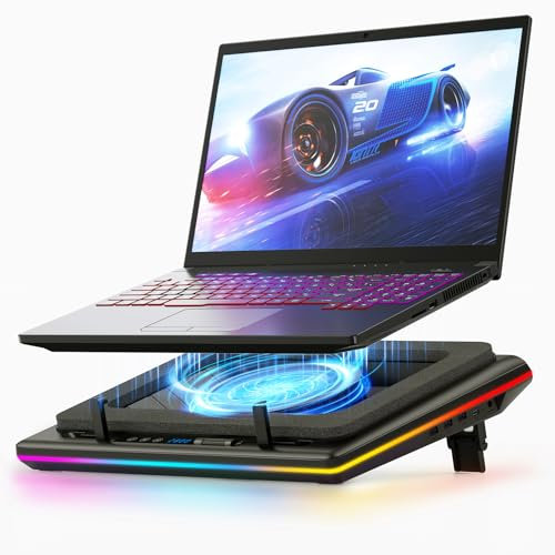 llano RGB Laptop Cooling Pad with Powerful Turbofan Gaming Cooler Radiator with Infinitely Variable Speed, Touch Control, LCD Screen, 3-Port USB Hub, Seal Foam for Notebook Computer 15-19in