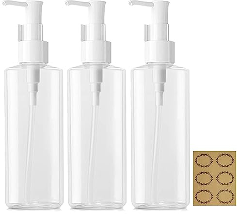 Apstaqeoo 3 st 200 ml tomma lotiondispenser, påfyllningsbar klar plast, ovala reseflaskor, smink, kosmetisk platt behållare, dispenser med pumphuvud för gelkräm, schampo, massage-rengöringsolja