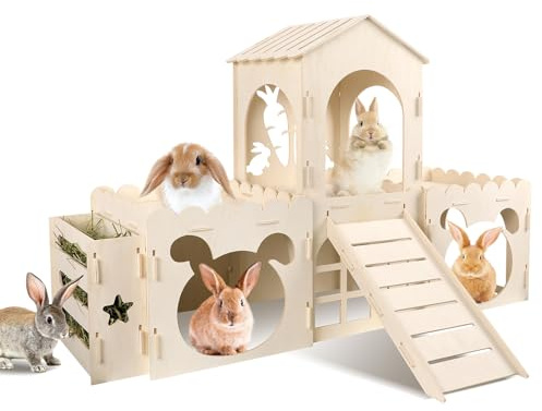 Extra Large Rabbit Castle, Wooden Bunny House & Hay Feeder, Detachable Rabbit Hideaway, Indoor Rabbit Castle with Ramp, Small Animal Houses & Habitats