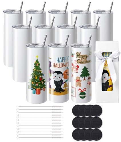 VEVOR 12 Pack Straight Sublimation Tumblers, 20 oz Blank Tumbler Bulk, Stainless Steel Double Wall Tumbler Cups with Straw, Lid, Brush, Base, Shrink Wrap, Gift Box, for Heat Press and Heat Transfer