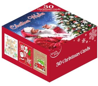 Eurowrap Assorted Christmas Cards with Envelopes Bulk Box – Mixed Cute and Traditional Xmas Greeting Card Designs – Festive Santa Snow House and Christmas Tree Cards – Box of 30