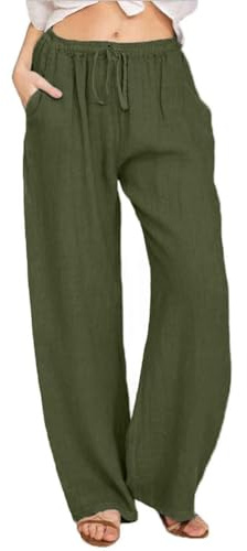Yutdeng Pantalones de Lino Mujer Verano Pantalon Ancho Algodón Cintura Alta Elástica con Cordón Casual Pantalón Largos para Mujer con Bolsillos Moda Pantalones Yoga Pierna Ancha,Verde,XL