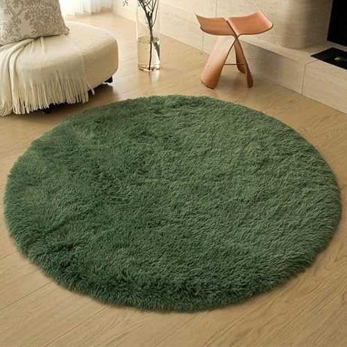 Swsen Tapis de Salon Rond, Super Doux, Shaggy, Moelleux, Dessous antidérapant, Moderne, Lavable, à Poils Longs 90 cm Diamètre, Vert Foncé