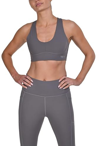 TCA Sujetador Deportivo Mujer Alta Sujeción - Top Deportivo Mujer con Espalda Nadadora y Almohadillas extraíbles - Sin Costuras y Sin Aros - Sports Bra Tirantes Ajustables - Negro/Gris Claro, L