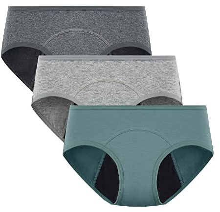 POPKOK Period Underwear Womens Cotton Hipster Postpartum Panties 3 Pack(L, Dark Grey/Light Grey/Pine Green)