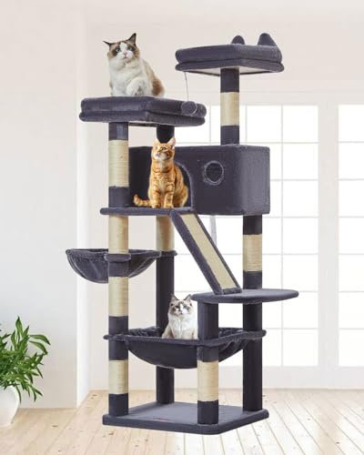 Taoqimiao 146CM Kratzbaum Groß, Katzenbaum Katzen Kratzbaum Grosse Katzen Stabil mit 2 Katzenhaus, Metallhängematte, Korb, 8 Kratzsäulen, Katzenkratztafel, MS026G Dunkelgrau