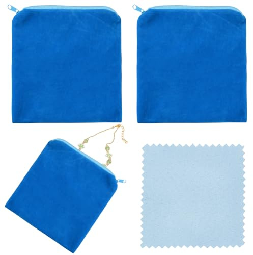 Beebeecraft 4Pcs Anti Tarnish Silver Bags 6x6 Inch Navy Blue Zippered Silver Storage Bags Small Microfiber Jewellery Protection Pouches with 4Pcs Polishing Cloth for Bracelets Rings Necklaces Cleaning