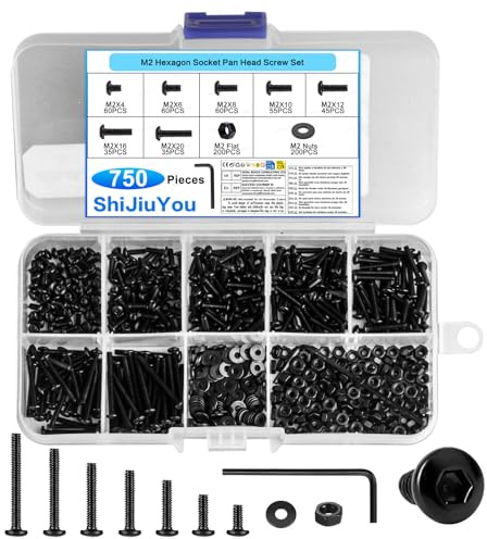 750 Pcs M2 Screws Set, Bolts and Nuts Set,Small Black Nuts and Bolts Assortment,Hex Socket Button Head Cap Screws Set, Hexagon Machine Screwsand Washers Kit for Bicycle Motorcycle Repair + 1 Wrench