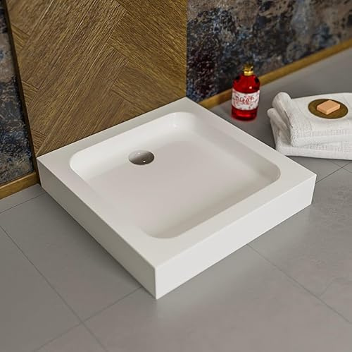 ECOLAM Duschwanne Duschtasse TIM 90x90 x 15 cm Tiefe 5 cm Viereck Quadrat Brausewanne + Siphon + Silikon weiß Acryl Schürze an 4 Seiten