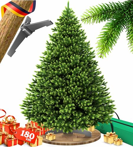 KESSER® Albero di Natale artificiale, 180 cm – come il vero – albero di Natale realistico con supporto in legno + borsa, rami fitti, senza aghi, pino realistico, albero di Natale, verde scuro