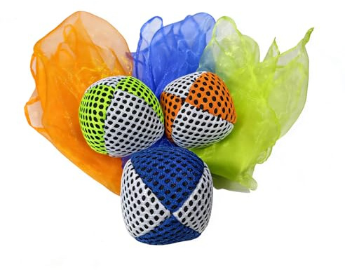 Everfizz Juggling Balls and Scarves for Beginners, Non-Slip Mesh Juggling Set with Multiple Colors, Ideal for Hand-Eye Coordination Training & Multi-Scene Entertainment (Orange Blue Green)