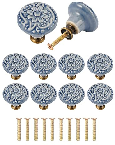 10 Pieces Ceramic Drawer Knobs Set,34mm×32mm Round Vintage Door Knobs | Decorative Furniture Pulls with 24mm Screws,Cupboard Handles Knobs for Shoe Cabinets,Bedside Table and Kitchen Cabinets