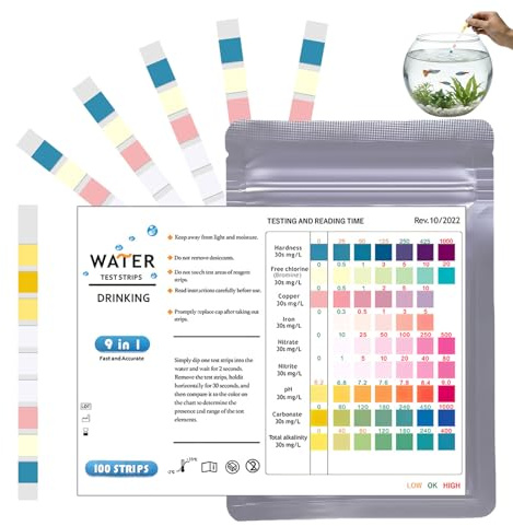 100-Pack 9-in-1 Aquarium Test Strips, Water Testing Kits for Drinking Water, Accurate Aquarium Water Test Kits for Nitrite, Nitrate, pH, Hardness, Chlorine, Iron, Copper, Carbonate & Alkalinity