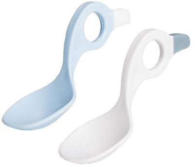 ICan Spoon, Lot de 2 cuillères d'apprentissage pour bébé, cuillère pour enfant - Couverts d'apprentissage pour bébé LED Weaning et introduction des aliments (blanc/bleu clair)