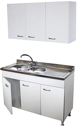 Arredobagno e Cucine Mobile Cucina 3 Ante con lavello Inox Sinistro 120, con scolapiatti e pensile, Bianco