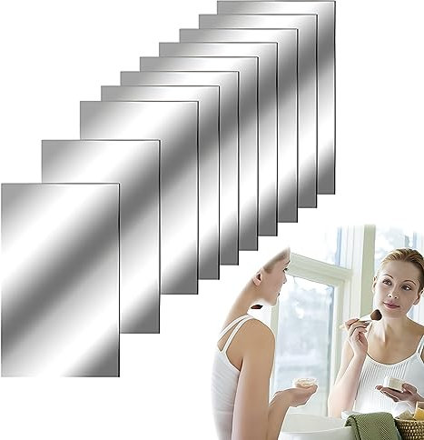 10 Pcs Self Adhesive Mirror Tiles - Flexible Acrylic Non Glass Sheet for Wall Decor, Bathroom Stick on Surface - 4 x 6 In