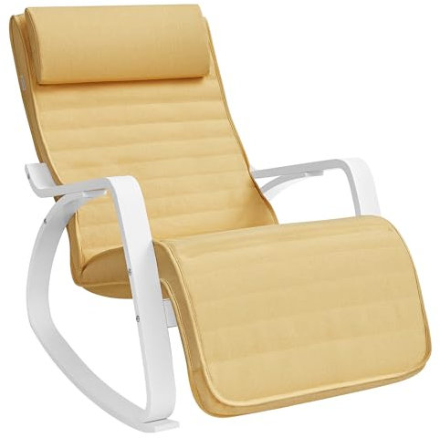SONGMICS Schaukelstuhl, mit Armlehnen aus Birkenholz, Schaukelsessel, 5-Fach verstellbare Fußstütze, bis 150 kg belastbar, für Schlafzimmer, Wohnzimmer, pastellgelb-weiß LYY011Y01