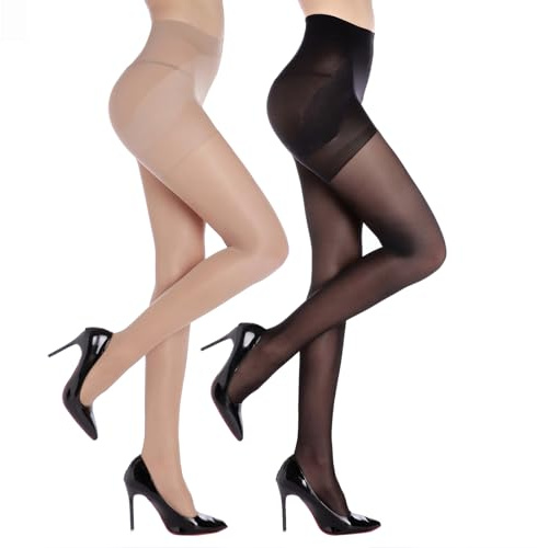 G&Y 2 Pairs Women's Control Top Pantyhose - 40D Sheer Tights Tummy Control Support Stockings (Black & Nude M)