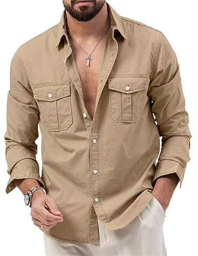 VIVICOLOR Chemise Cargo Safari pour Hommes Chemises de Travail Safari à Manches Longues Chemise Cargo de randonnée en Plein air pour Hommes