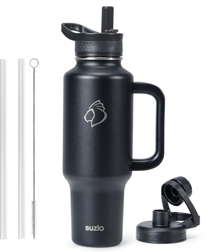 40oz Insulated Water Bottle Fits in Any Car Cup Holders, BUZIO 40oz Double Wall Insulated Tumbler with Handle and Straw, Leakproof Travel Tumbler Mug, Keeps Cold for 48 Hrs, Hot for 24 Hrs, Black