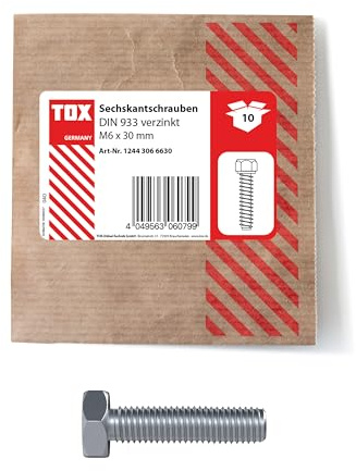 TOX Sechskantschraube M6x30, verzinkt, DIN 933, Maschinenschrauben mit Vollgewinde und geringer Kopfhöhe, 10 Stück in einer wiederverschließbaren und umweltschonenden Papierverpackung, 12443066630