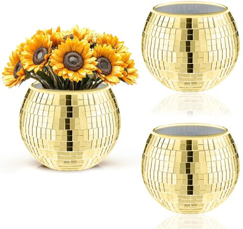 Esamploe 2 Pcs Disco Ball Vase,4.4 x 6 Inch Mirrored Disco Ball Planter,Disco Ball Candle Holders Perfect Disco Decorative Planters for Living Room Bedroom Table Wedding Party Birthday(Gold)