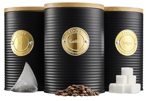 Cooks Professional 3 Piece Ribbed Tea, Coffee, & Sugar Cannisters with Air-Tight Bamboo Lids | Stainless Steel Kitchen Storage Bin Set | Modern & Stylish | Black & Gold