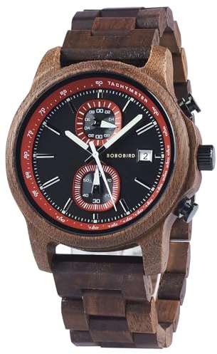 BOBO BIRD Wooden Watch for Men Women Ultra-Light 50g Luminous Hands Chronograph Date Casual Business Gift (Red)