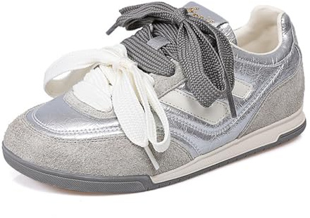 Ballet Sneakers for Woman Leather Trendy Sporty Lace Up Ballerina Flats Wide Box Athleisure Retro Fancy Casual Ballet Shoes 2025 Spring Summer Daily Walking Running(Silver,Numeric_6_Point_5)