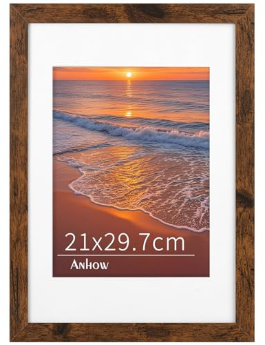 Anhow Cadre Photo 21x29,7 cm, A4 Cadre Photo Bois MDF avec Passe-Partout pour Photo 21x29,7 cm/A4 ou 15x20 cm - Aspect Couleur Noyer/Épaisseur 1,2 cm