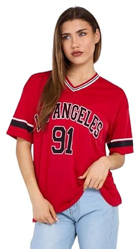 Womens Oversized 91 Los Angeles Varsity Football Jersey T-Shirt Sports Top (UK, Numeric, 8, Regular, Regular, Red)