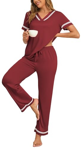 Famulily Women's Pajamas Set Lace Crochet Summer Tops and Elastic Waist Pants Ladies Pjs Soft Leisure Nightwear Wine M