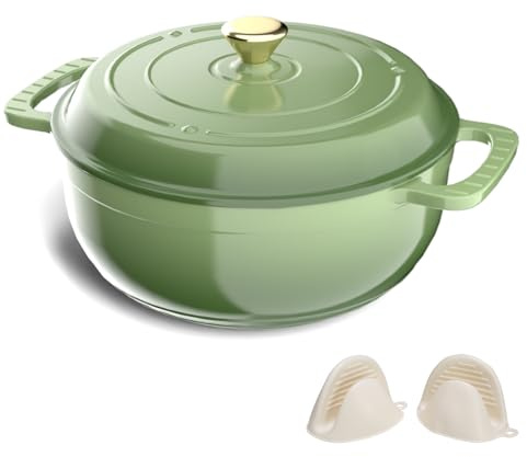 Bonnlo Enameled Cast Iron Round Pot, 27cm/5.6L Dutch Oven Cookware with Lid, Silicone Gloves, Heavy-Duty Pre-Seasoned Cookware for Bread Baking, Braising, Stews, Roasting - Green, 6QT